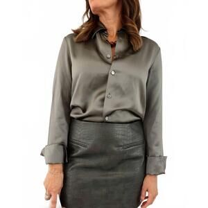 NEW DIOMI sateen fitted silk button down blouse in loden